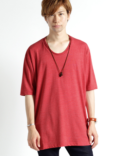 MONO-MART(モノマート)の「杢ツインロールネックロング丈オーバーカットソー(1/2スリーブ)(Tシャツ/カットソー・メンズ・オートミール/ネイビー/ロイヤルブルー/レッド/チャコール/グレー・L/M)」の6枚目の写真