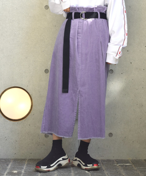 w closet（ダブルクローゼット）の「ベルト付きコーデュロイウエストギャザースカート_（スカート・レディース・アイボリー/サックスブルー/モカ/ラベンダー/パープル/ブルー系その他・FREE）」の6枚目の写真