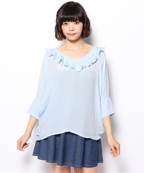 mystic（ミスティック）の「衿フリルVプルオーバー（シャツ/ブラウス・レディース・オフホワイト/ベージュ/ネイビー/ブラック/ブルー・ﾌﾘ-）」の6枚目の写真