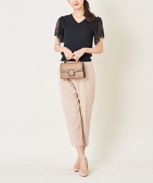 tocco closet（トッコ　クローゼット）の「肩りぼん付きフラワーレーススリーブ切替シャリ感Ｖネックニットプルオーバー（ニット/セーター・レディース・ブラック/オフホワイト/ワイン・M）」の14枚目の写真