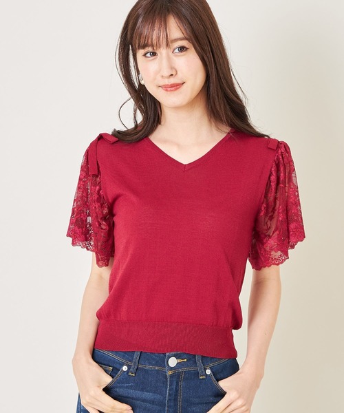 tocco closet（トッコ　クローゼット）の「肩りぼん付きフラワーレーススリーブ切替シャリ感Ｖネックニットプルオーバー（ニット/セーター・レディース・ブラック/オフホワイト/ワイン・M）」の11枚目の写真
