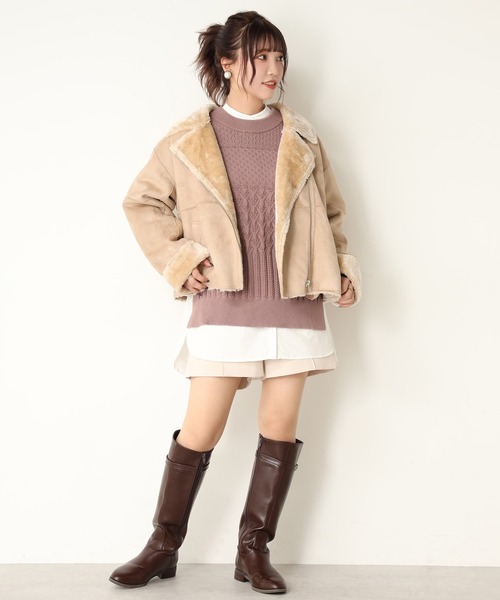 one after another NICE CLAUP(ワンアフターアナザーナイスクラップ)の「ムートンライダース(ライダースジャケット・レディース・アイボリー/ベージュ/ピンク・FREE)」の6枚目の写真