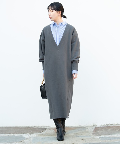 Aunt Marie's（アントマリーズ）の「深Vネックスウェットワンピ / AUNT MARIE'S（ワンピース・レディース・チャコールグレー/ブラック/アイボリー・FREE）」の7枚目の写真