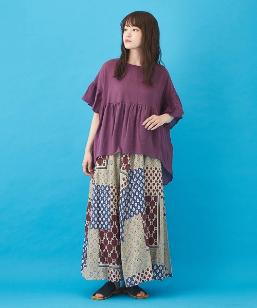 CUBE SUGAR（キューブシュガー）の「ボイル 総柄プリント ギャザースカート（スカート・レディース・ベージュ/サックスブルー/ネイビー/グレー・M）」の9枚目の写真