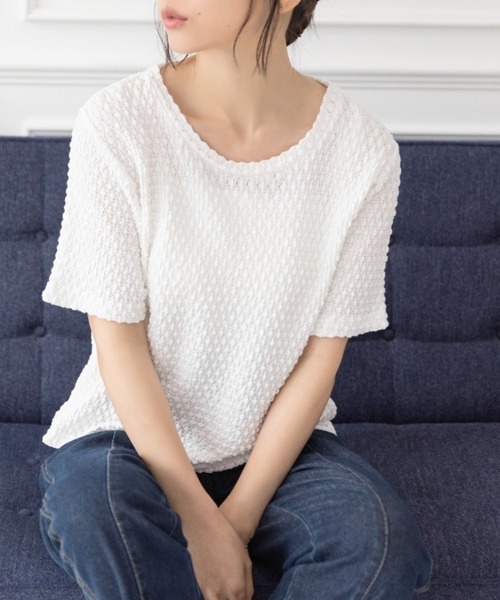 Mysa&Liina（ミーサリーナ）の「スカシ柄ジャガードメッシュカットトップス（Tシャツ/カットソー・レディース・ブラック/オフホワイト/グリーン・M）」の2枚目の写真