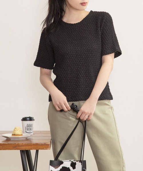 Mysa&Liina（ミーサリーナ）の「スカシ柄ジャガードメッシュカットトップス（Tシャツ/カットソー・レディース・ブラック/オフホワイト/グリーン・M）」の3枚目の写真