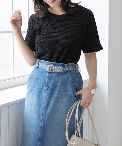 Mysa&Liina（ミーサリーナ）の「スカシ柄ジャガードメッシュカットトップス（Tシャツ/カットソー・レディース・ブラック/オフホワイト/グリーン・M）」の16枚目の写真