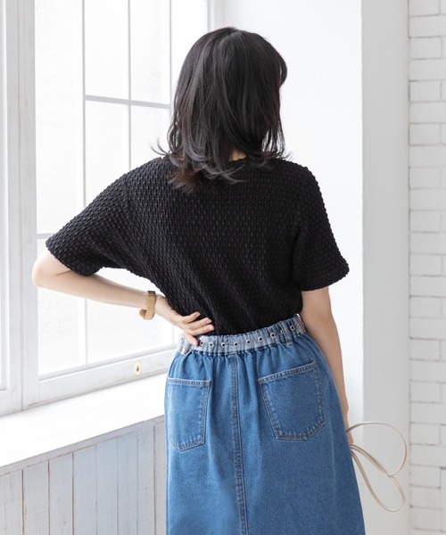 Mysa&Liina（ミーサリーナ）の「スカシ柄ジャガードメッシュカットトップス（Tシャツ/カットソー・レディース・ブラック/オフホワイト/グリーン・M）」の18枚目の写真