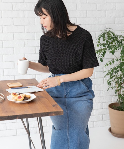 Mysa&Liina（ミーサリーナ）の「スカシ柄ジャガードメッシュカットトップス（Tシャツ/カットソー・レディース・ブラック/オフホワイト/グリーン・M）」の21枚目の写真