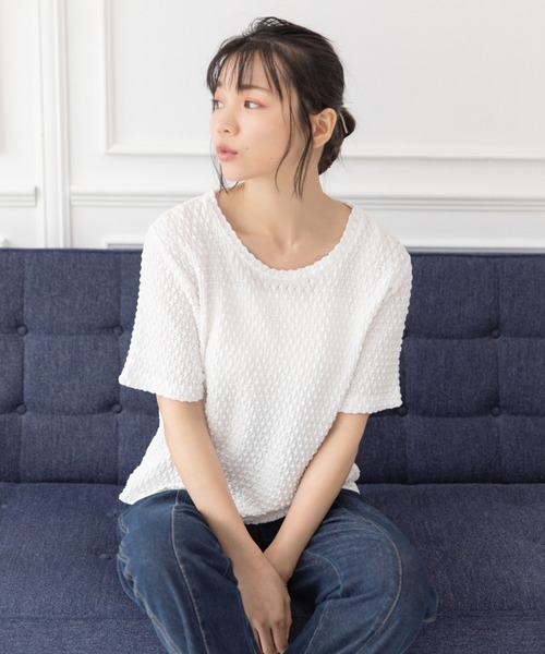 Mysa&Liina（ミーサリーナ）の「スカシ柄ジャガードメッシュカットトップス（Tシャツ/カットソー・レディース・ブラック/オフホワイト/グリーン・M）」の9枚目の写真