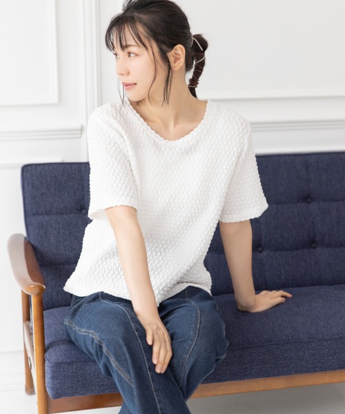 Mysa&Liina（ミーサリーナ）の「スカシ柄ジャガードメッシュカットトップス（Tシャツ/カットソー・レディース・ブラック/オフホワイト/グリーン・M）」の10枚目の写真