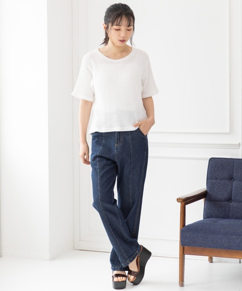 Mysa&Liina（ミーサリーナ）の「スカシ柄ジャガードメッシュカットトップス（Tシャツ/カットソー・レディース・ブラック/オフホワイト/グリーン・M）」の4枚目の写真