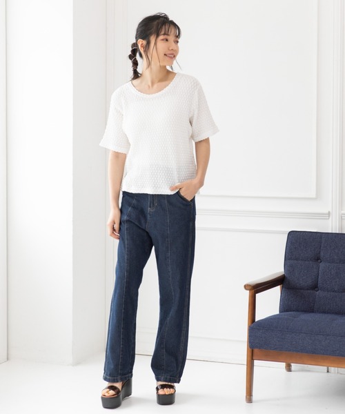 Mysa&Liina（ミーサリーナ）の「スカシ柄ジャガードメッシュカットトップス（Tシャツ/カットソー・レディース・ブラック/オフホワイト/グリーン・M）」の5枚目の写真