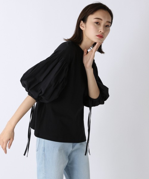 JEANASIS（ジーナシス）の「【WEB限定】バルーンスリーブフハクコンビ/957650（Tシャツ/カットソー・レディース・ホワイト/ブラック/マスタード・FREE）」の2枚目の写真