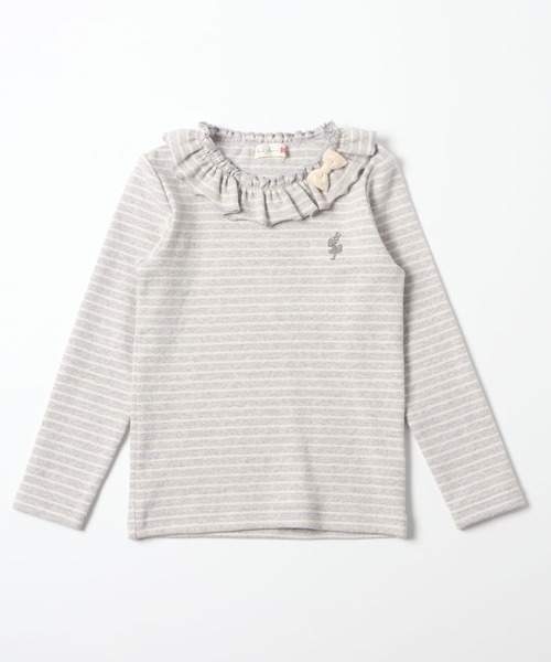 KP（ケーピー）の「衿フリルフライスボーダー起毛（ストレッチ）の長袖Tシャツ(100-130cm)（Tシャツ/カットソー・キッズ・イエロー/杢グレー・110cm/100cm/130cm/120cm）」の2枚目の写真