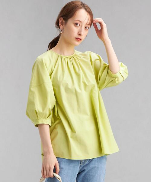 【美品】Drawer コットンシルク グリーンストライプブラウス 38 美品】Drawer コットンシルク グリーンストライプブラウス 38