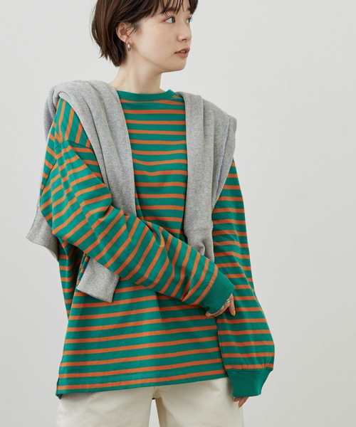 AMERICAN HOLIC(アメリカンホリック)の「カラーボーダーカットプルオーバー(Tシャツ/カットソー・レディース・グリーン/サックスブルー・M/L)」の1枚目の写真