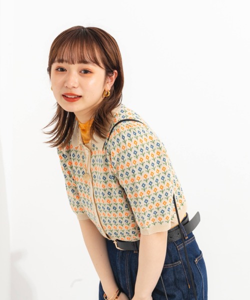 nemne store（ネンネストア）の「ジャガード編みサマーポロニットカーディガン（ニット/セーター・レディース・ブルー/アイボリー・フリー）」の7枚目の写真