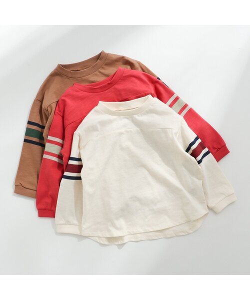 BREEZE（ブリーズ）の「袖ラインTシャツ（Tシャツ/カットソー・キッズ・ブラウン/オフホワイト/レッド/カーキ・100/120/140/90/110/80/130）」の8枚目の写真