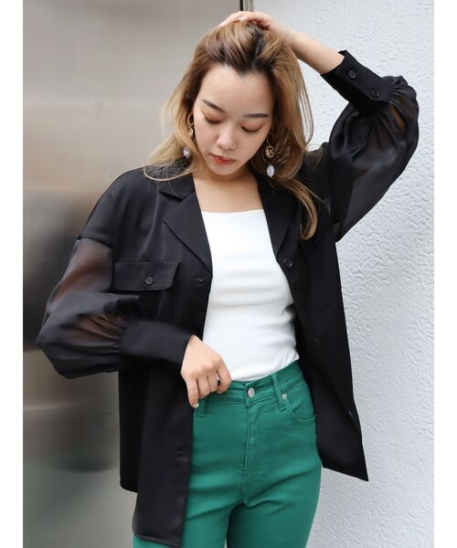 EVRIS（エヴリス）の「オープンカラーシアーコンビシャツ（シャツ/ブラウス・レディース・ブラック/グリーン/アイボリー・FREE）」の3枚目の写真