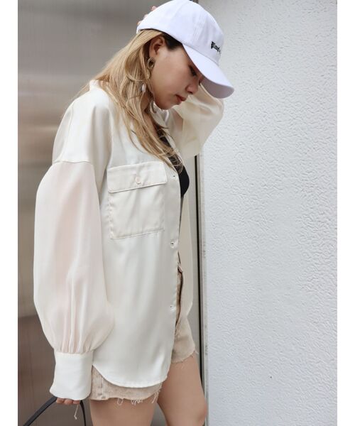 EVRIS（エヴリス）の「オープンカラーシアーコンビシャツ（シャツ/ブラウス・レディース・ブラック/グリーン/アイボリー・FREE）」の4枚目の写真