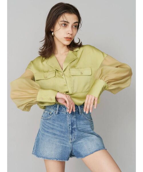 EVRIS（エヴリス）の「オープンカラーシアーコンビシャツ（シャツ/ブラウス・レディース・ブラック/グリーン/アイボリー・FREE）」の16枚目の写真