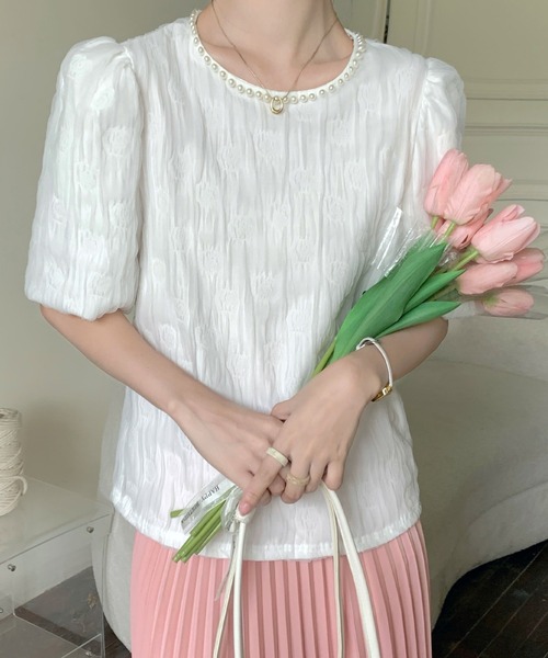 LAFFMO（ラフモ）の「パールネックブラウス（シャツ/ブラウス・レディース・ピンク/ホワイト/グリーン/ベージュ/ブラック・FREE）」の2枚目の写真