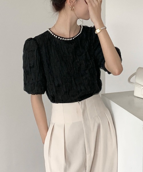 LAFFMO（ラフモ）の「パールネックブラウス（シャツ/ブラウス・レディース・ピンク/ホワイト/グリーン/ベージュ/ブラック・FREE）」の15枚目の写真