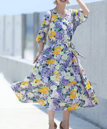 （ベルト付き）黄色の花咲く一目惚れ水彩画ロングワンピース