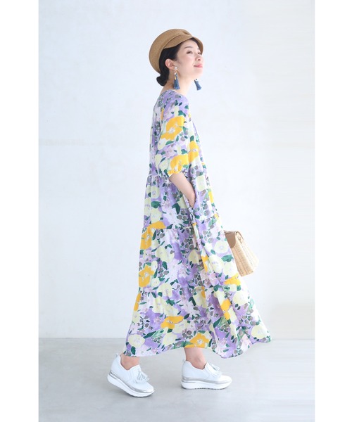 cawaii(カワイイ)の「(ベルト付き)黄色の花咲く一目惚れ水彩画ロングワンピース(ワンピース・レディース・パープル・FREE)」の10枚目の写真