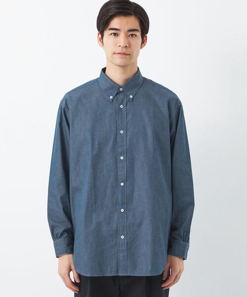 green label relaxing（グリーンレーベルリラクシング）の「コットン デニムライク リラックス ボタンダウン シャツ（ビジネスシャツ・メンズ・ネイビー・L/XL/M/S）」の3枚目の写真