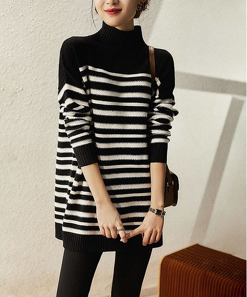 セール】ハイネックオーバーサイズボーダー柄ニットトップス