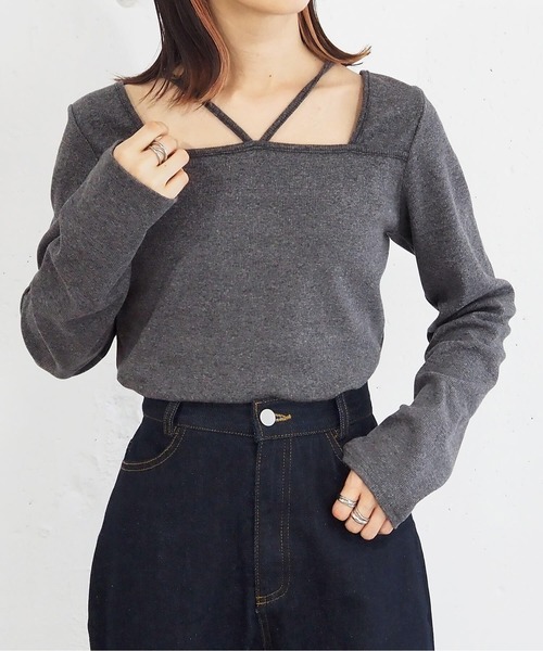 tiptop（ティップトップ）の「【2023AW新色登場】テレコホルタープルオーバー（Tシャツ/カットソー・レディース・グリーン/ブラック/オフホワイト/チャコールグレー/A・FREE）」の3枚目の写真