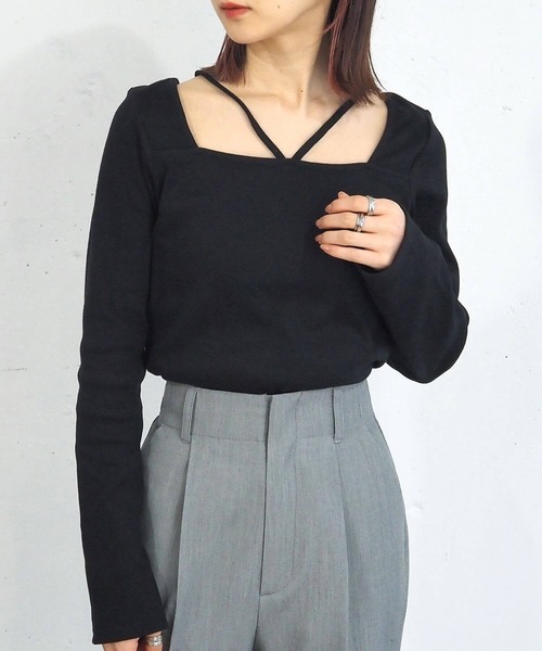 tiptop（ティップトップ）の「【2023AW新色登場】テレコホルタープルオーバー（Tシャツ/カットソー・レディース・グリーン/ブラック/オフホワイト/チャコールグレー/A・FREE）」の12枚目の写真