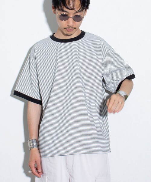 GLOSTER(グロスター)の「【GLOSTER/グロスター】リンガー ボーダーTシャツ ワイドフィット(Tシャツ/カットソー・メンズ・ホワイト系その他/グレー系その他/グリーン系その他・S/M/L)」の2枚目の写真