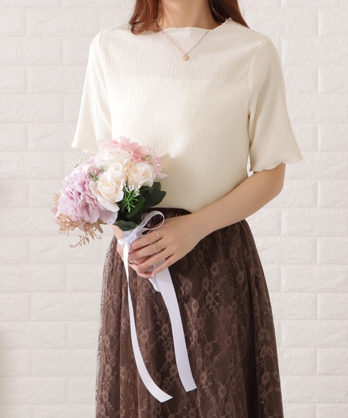 Lace Ladies(レースレディース)の「シャーリング配色メロウ半袖プルオーバー(シャツ/ブラウス・レディース・ベージュ/グレー/ミント/アイボリー/ブラック・FREE/S)」の2枚目の写真