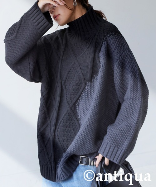 antiqua（アンティカ）の「配色ウェーブハイネックニット（ニット/セーター・レディース・グレー/ブラック/ブラック×グレー・FREE）」の2枚目の写真