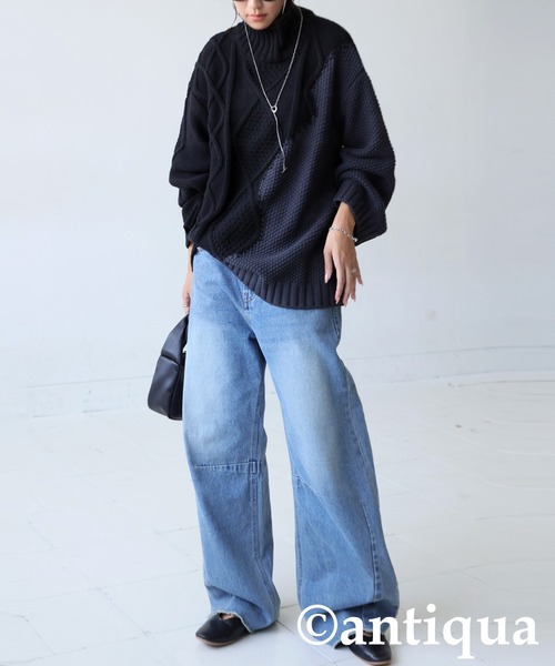 antiqua（アンティカ）の「配色ウェーブハイネックニット（ニット/セーター・レディース・グレー/ブラック/ブラック×グレー・FREE）」の4枚目の写真
