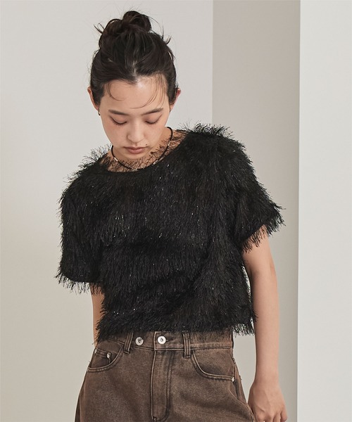 miette(ミエット)の「キラキラフリンジ半袖トップス(Tシャツ/カットソー・レディース・ピンク/ホワイト/ブラック・FREE)」の2枚目の写真