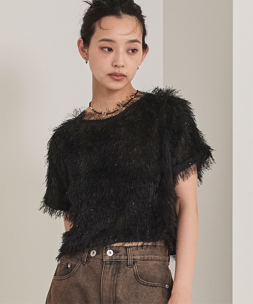 miette(ミエット)の「キラキラフリンジ半袖トップス(Tシャツ/カットソー・レディース・ピンク/ホワイト/ブラック・FREE)」の4枚目の写真
