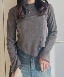 Reurie'（レウリィ）の「【ZOZO限定】コンパクトアシンメトリートップス / アシメ カットソー プルオーバー ショート丈 クロップド Tシャツ チャコールグレー ロンT リブ（Tシャツ/カットソー）」