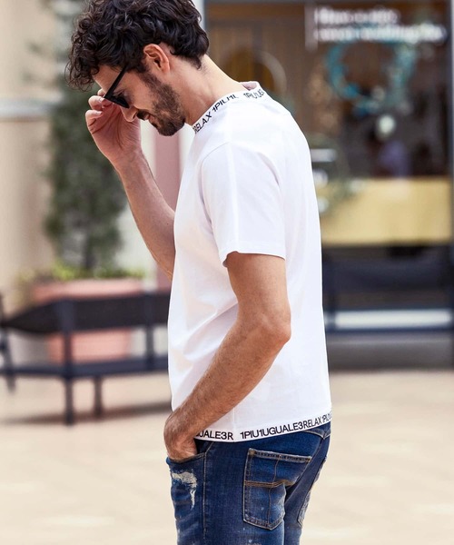 1PIU1UGUALE3  RELAX （ウノピゥウノウグァーレトレ リラックス）の「1PIU1UGUALE3 RELAX(ウノピゥウノウグァーレトレ リラックス)スマートシルエット ネックロゴ 半袖Tシャツ（Tシャツ/カットソー・メンズ・ブラック/ホワイト/ホワイト×ホワイト/ブラック×ブラック・S/M/L/XL/XXL）」の5枚目の写真