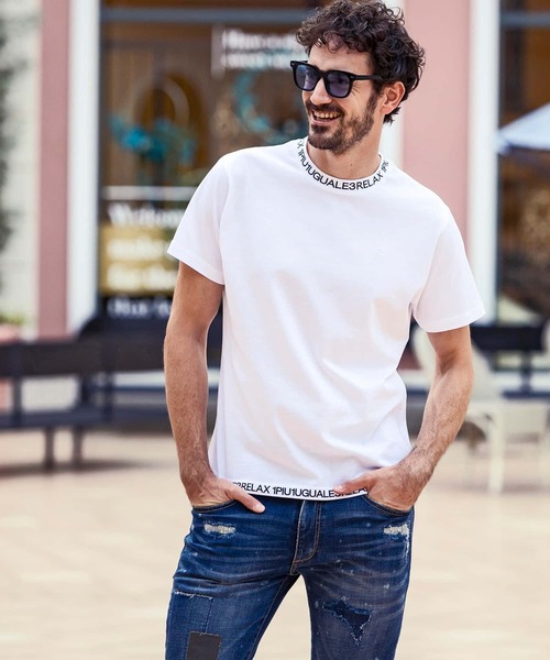 1PIU1UGUALE3  RELAX （ウノピゥウノウグァーレトレ リラックス）の「1PIU1UGUALE3 RELAX(ウノピゥウノウグァーレトレ リラックス)スマートシルエット ネックロゴ 半袖Tシャツ（Tシャツ/カットソー・メンズ・ブラック/ホワイト/ホワイト×ホワイト/ブラック×ブラック・S/M/L/XL/XXL）」の8枚目の写真