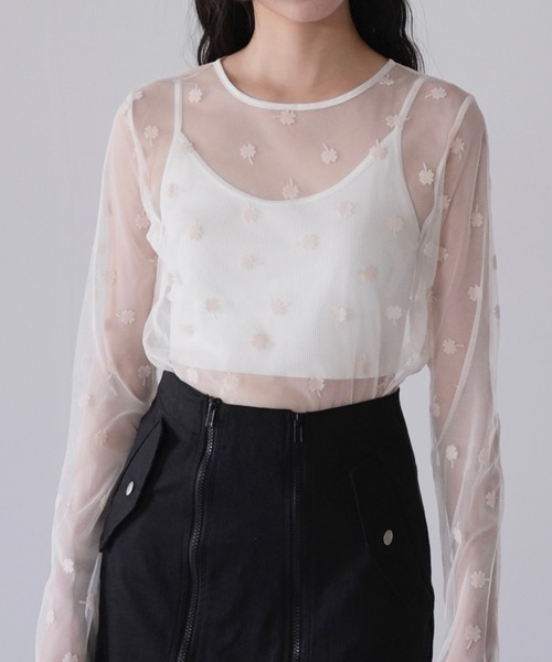 tシャツ クローバー シースルー トップス シアー カットソー ヘルシー バックオープン 肌見せ 総柄 シースルートップス シアートップス レディース セール】クローバー シースルー トップス シアー カットソー