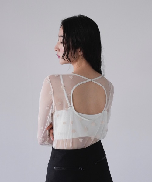 tシャツ クローバー シースルー トップス シアー カットソー ヘルシー バックオープン 肌見せ 総柄 シースルートップス シアートップス レディース セール】クローバー シースルー トップス シアー カットソー