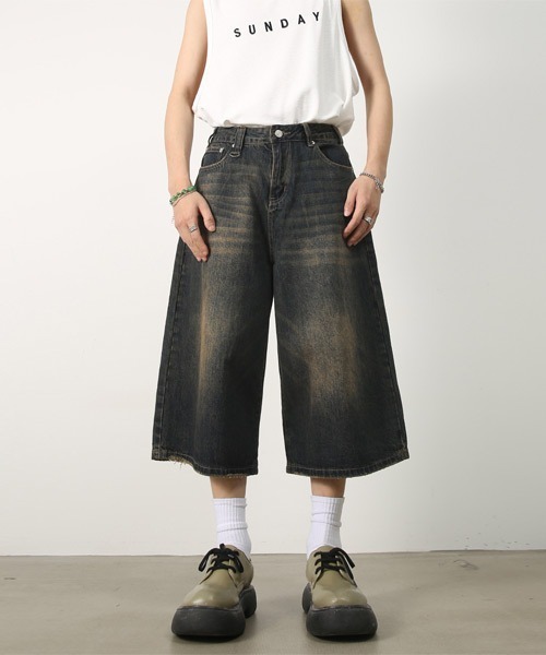 Ressaca（レサーカ）の「Dカン付きユーズド加工ワイドデニムハーフパンツ ヴィンテージライク（デニムパンツ・メンズ・ブルー/インディゴブルー/ブラック/ライトブルー・XL/L/M）」の3枚目の写真