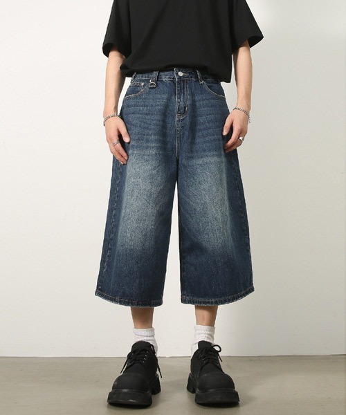 Ressaca（レサーカ）の「Dカン付きユーズド加工ワイドデニムハーフパンツ ヴィンテージライク（デニムパンツ・メンズ・ブルー/インディゴブルー/ブラック/ライトブルー・XL/L/M）」の4枚目の写真