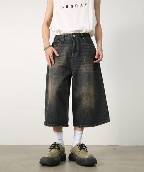 Ressaca（レサーカ）の「Dカン付きユーズド加工ワイドデニムハーフパンツ ヴィンテージライク（デニムパンツ・メンズ・ブルー/インディゴブルー/ブラック/ライトブルー・XL/L/M）」の11枚目の写真