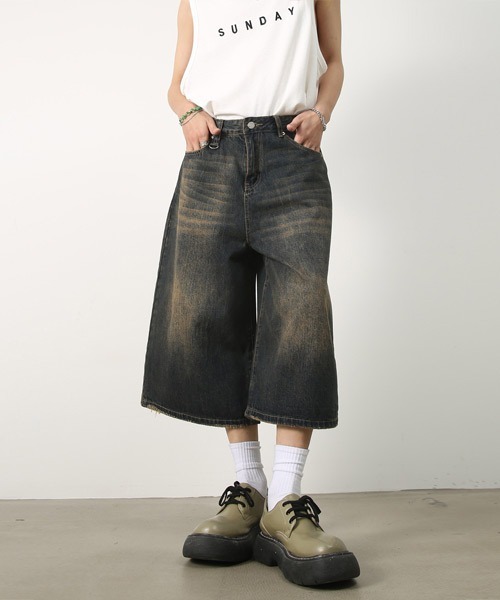 Ressaca（レサーカ）の「Dカン付きユーズド加工ワイドデニムハーフパンツ ヴィンテージライク（デニムパンツ・メンズ・ブルー/インディゴブルー/ブラック/ライトブルー・XL/L/M）」の5枚目の写真