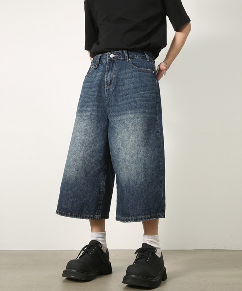 Ressaca（レサーカ）の「Dカン付きユーズド加工ワイドデニムハーフパンツ ヴィンテージライク（デニムパンツ・メンズ・ブルー/インディゴブルー/ブラック/ライトブルー・XL/L/M）」の19枚目の写真